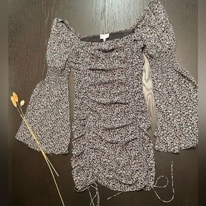 Floral Bell Sleeve Ruched Mini Dress
